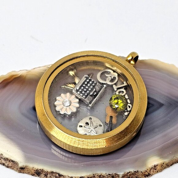 Origami Owl Brass Tone Locket Necklace With Floating Charms Love Bird Flower - Picture 1 of 8